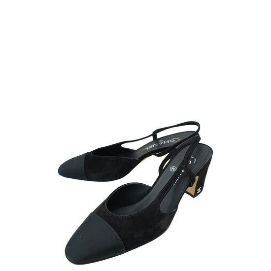 Chanel Black CC Cap Toe Suede Slingback 38.5