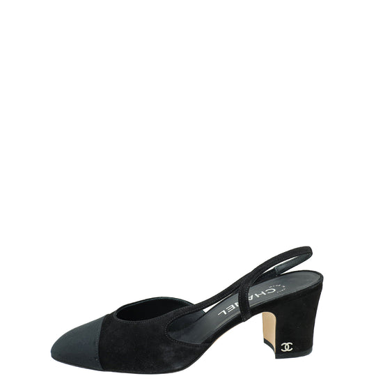 Chanel Black CC Cap Toe Suede Slingback 38.5