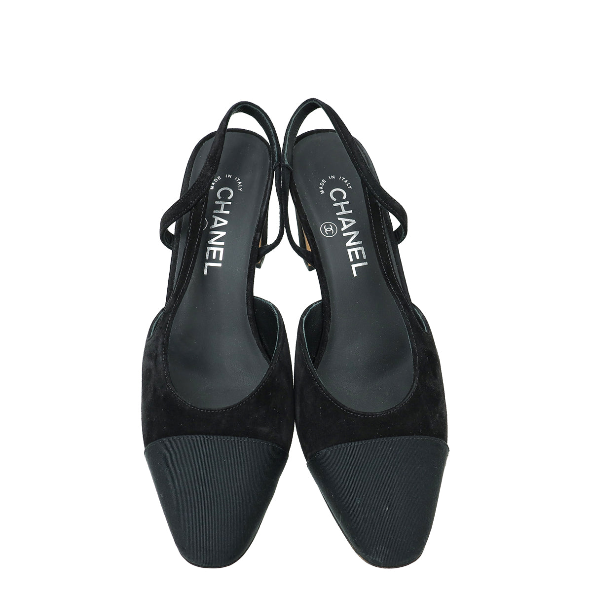 Chanel Black CC Cap Toe Suede Slingback 38.5