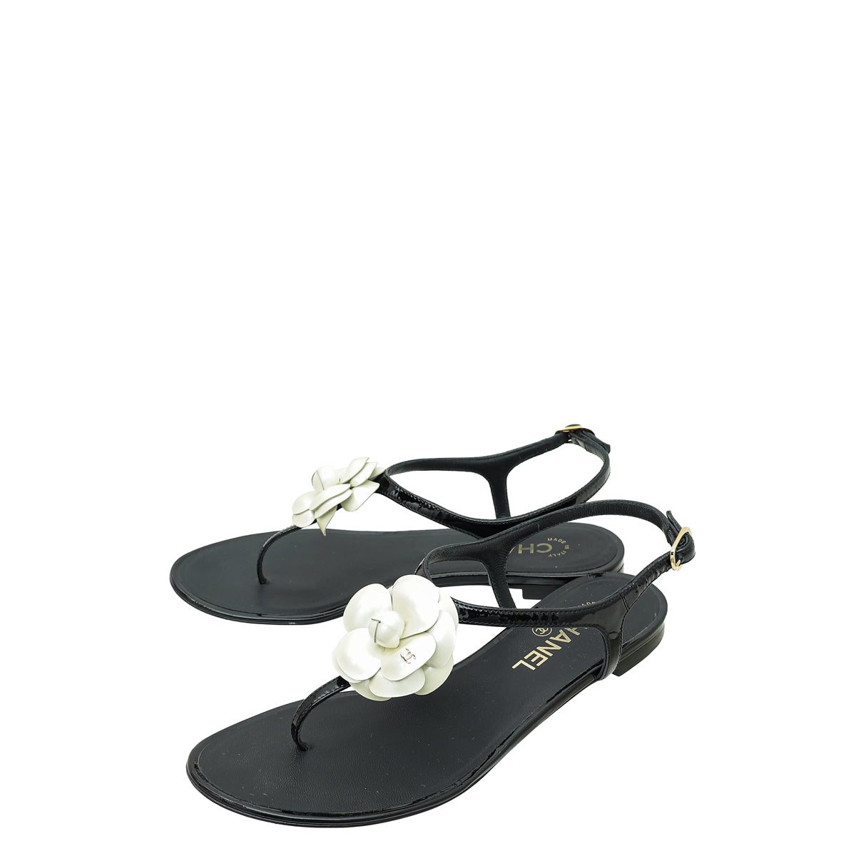 CHANEL Camellia Flip-Flops Tong Sandals Black x Cream CC mark Women size 38  US7