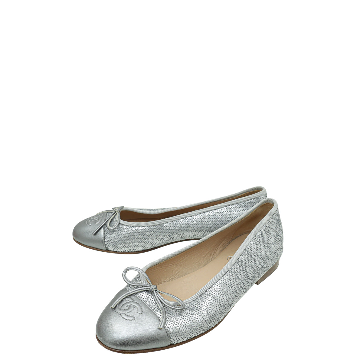 Chanel Metallic Silver CC Cap Toe Sequins Ballerina Flat 38