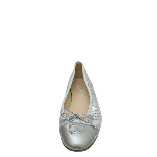 Chanel Metallic Silver CC Cap Toe Sequins Ballerina Flat 38
