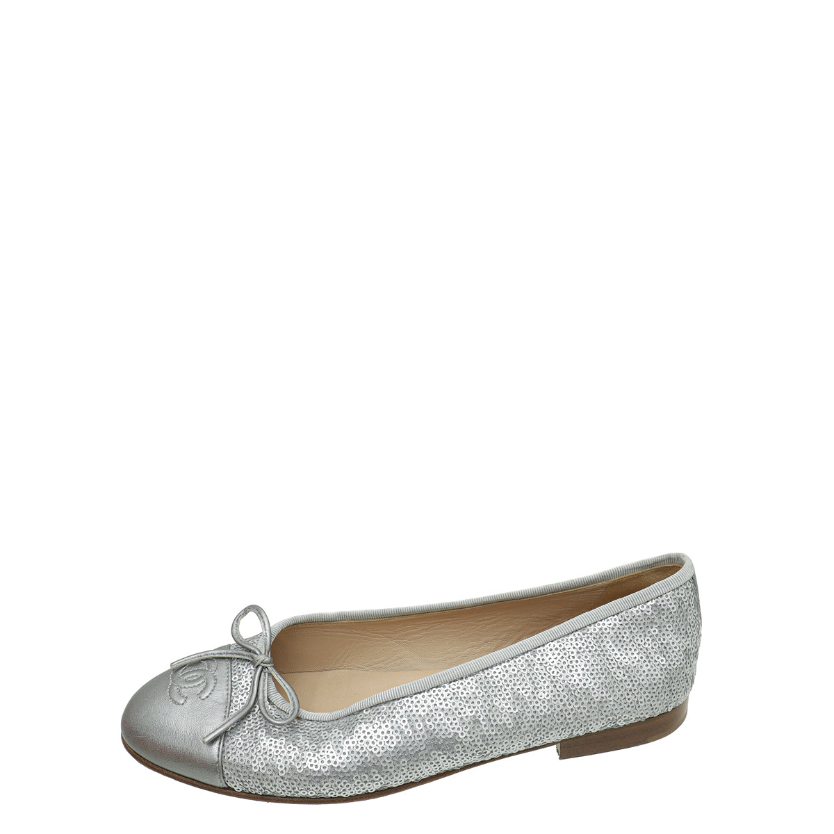 Chanel Metallic Silver CC Cap Toe Sequins Ballerina Flat 38