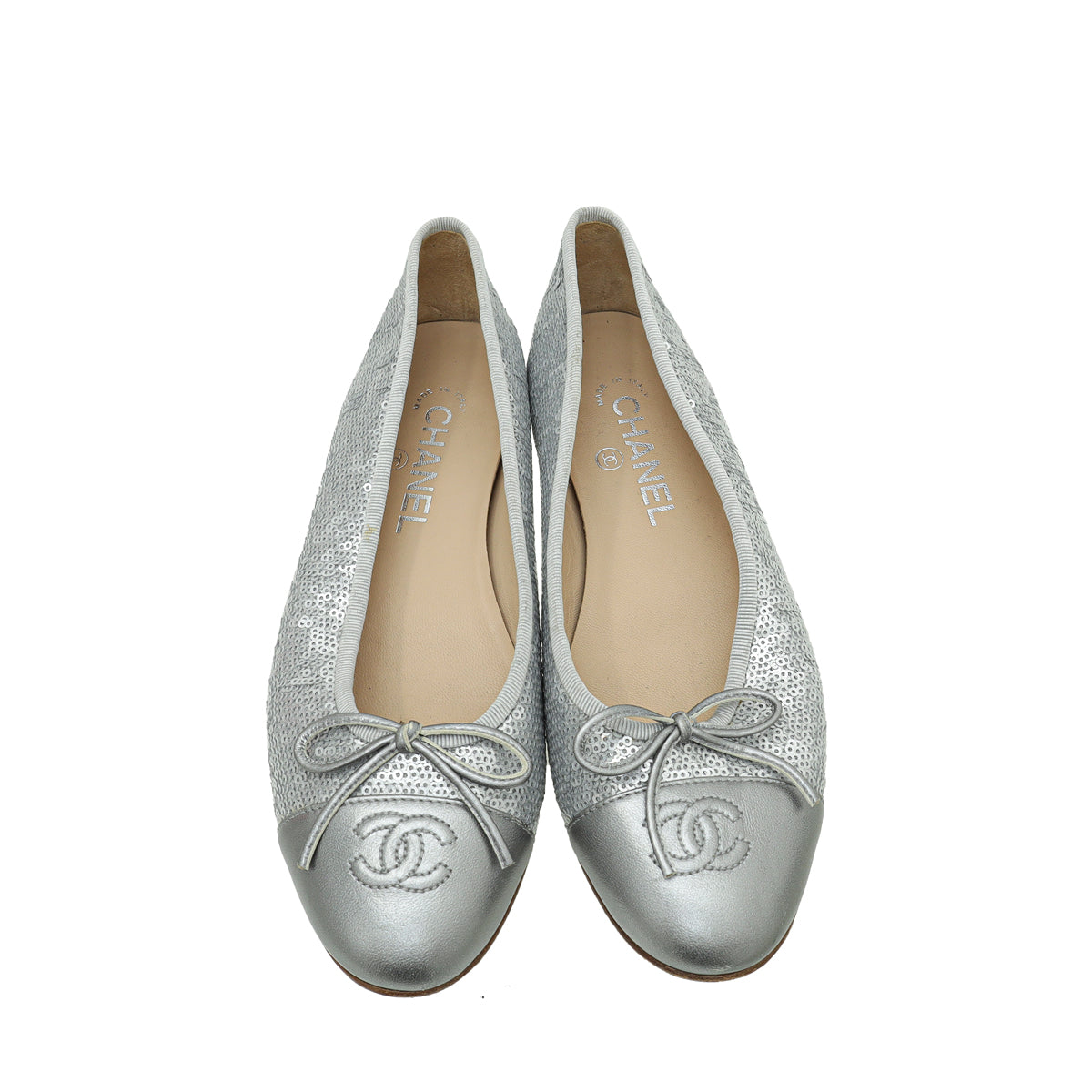 Chanel Metallic Silver CC Cap Toe Sequins Ballerina Flat 38