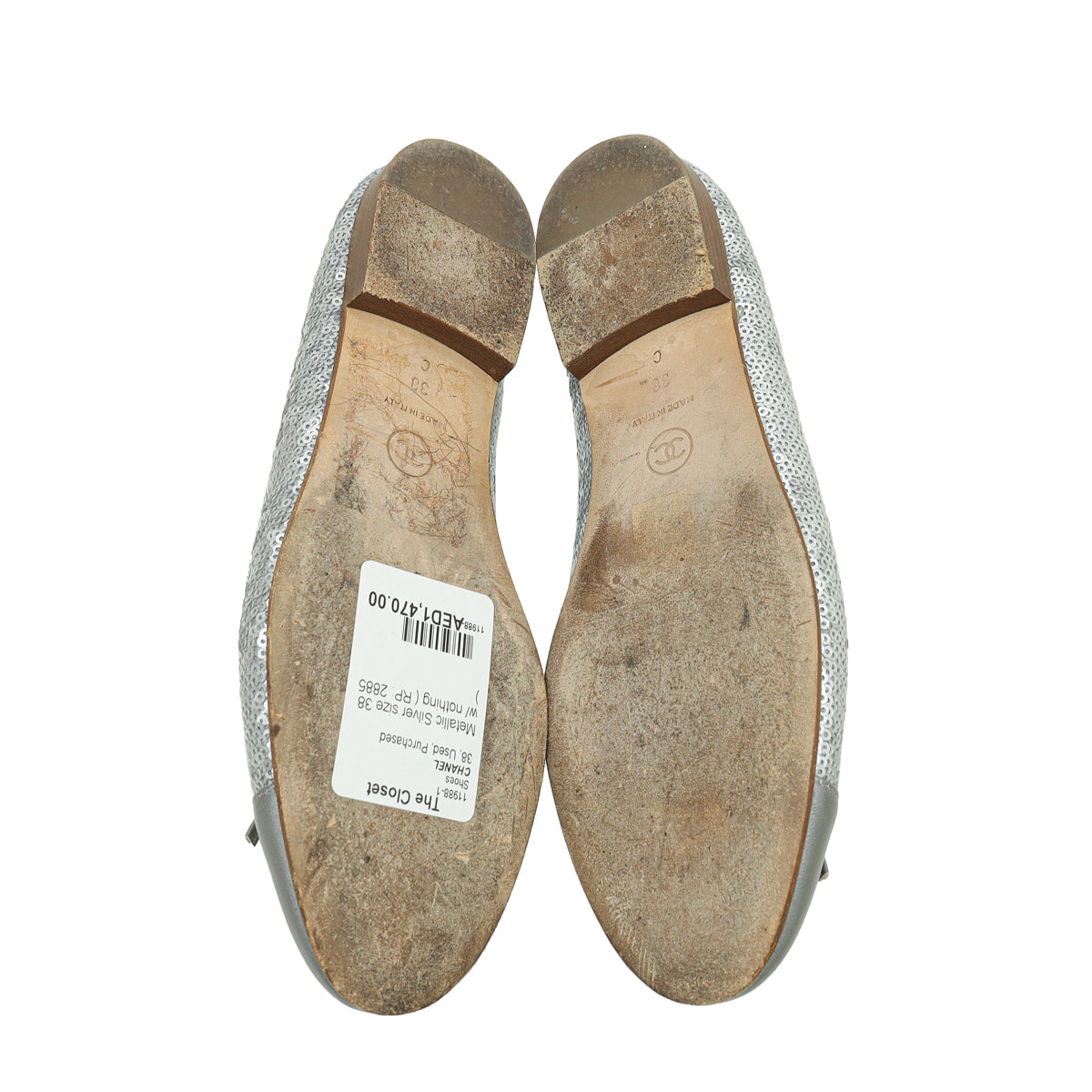 CHANEL バレリーナ　38 Chanel Metallic Silver CC Cap Toe Sequins Ballerina Flat 38 – THE