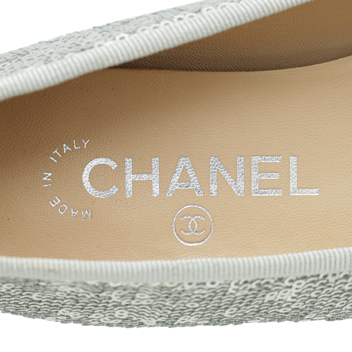 Chanel Metallic Silver CC Cap Toe Sequins Ballerina Flat 38