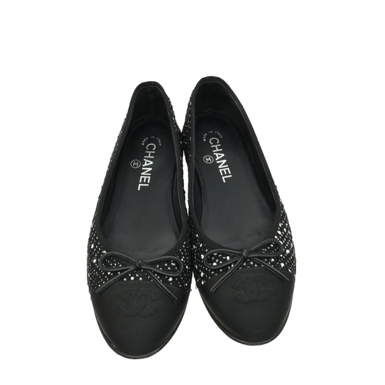 Chanel Black CC Cap Toe Tweed Flat Ballerina 38