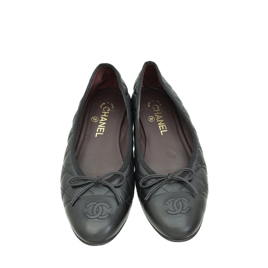 Chanel Black CC Cap Toe Quilted Flat Ballerina 38