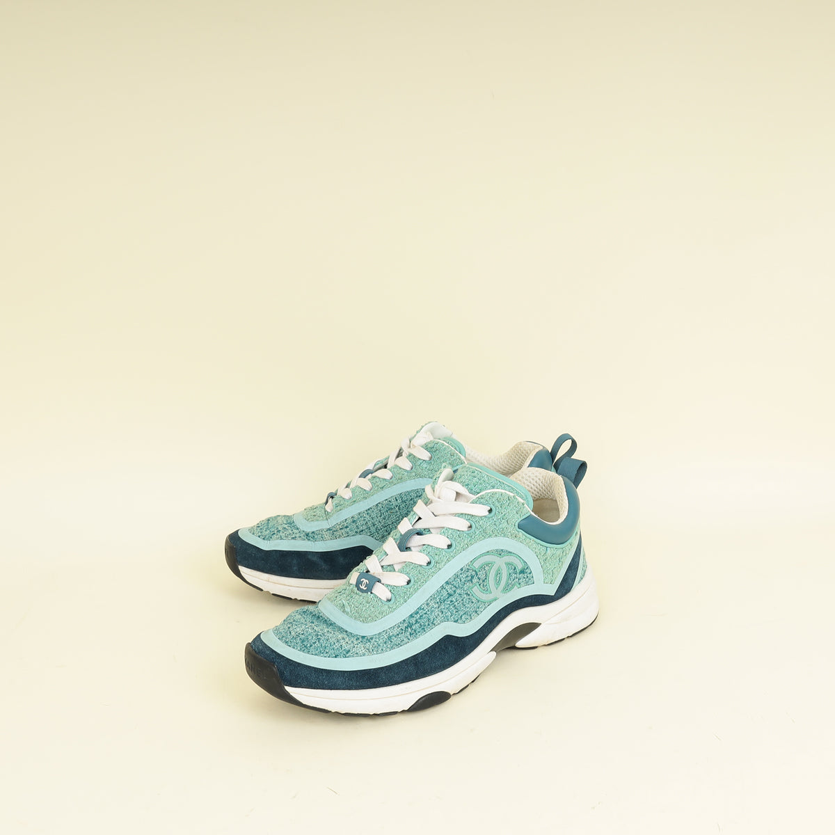 Chanel Mint Green CC Tweed Lace Up Sneakers 38