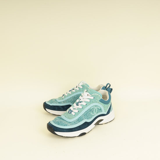 Chanel Mint Green CC Tweed Lace Up Sneakers 38