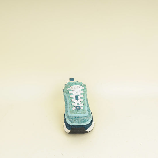 Chanel Mint Green CC Tweed Lace Up Sneakers 38