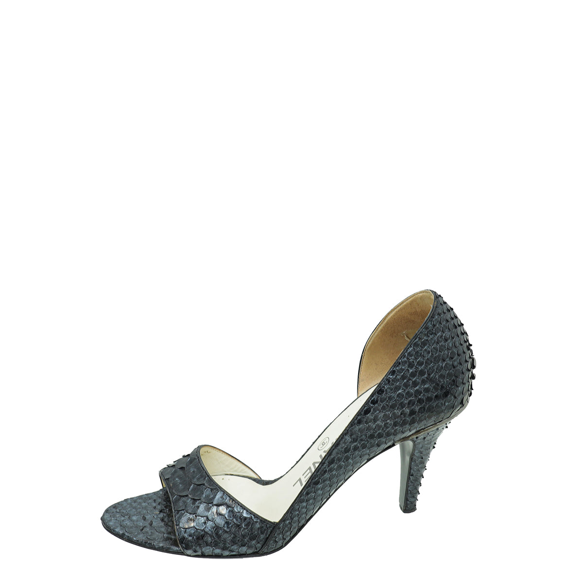 Chanel Metallic Black CC Python Peep Toe Pump 38