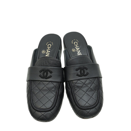 Chanel Black CC Quilted Mules 38