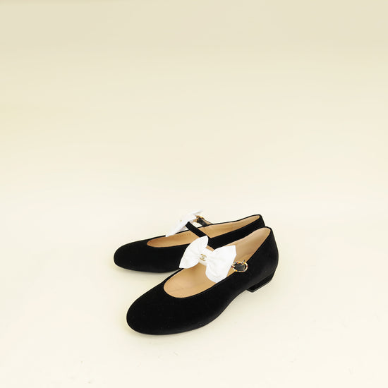Chanel Black CC Bow Velvet Mary Jane Flats 38
