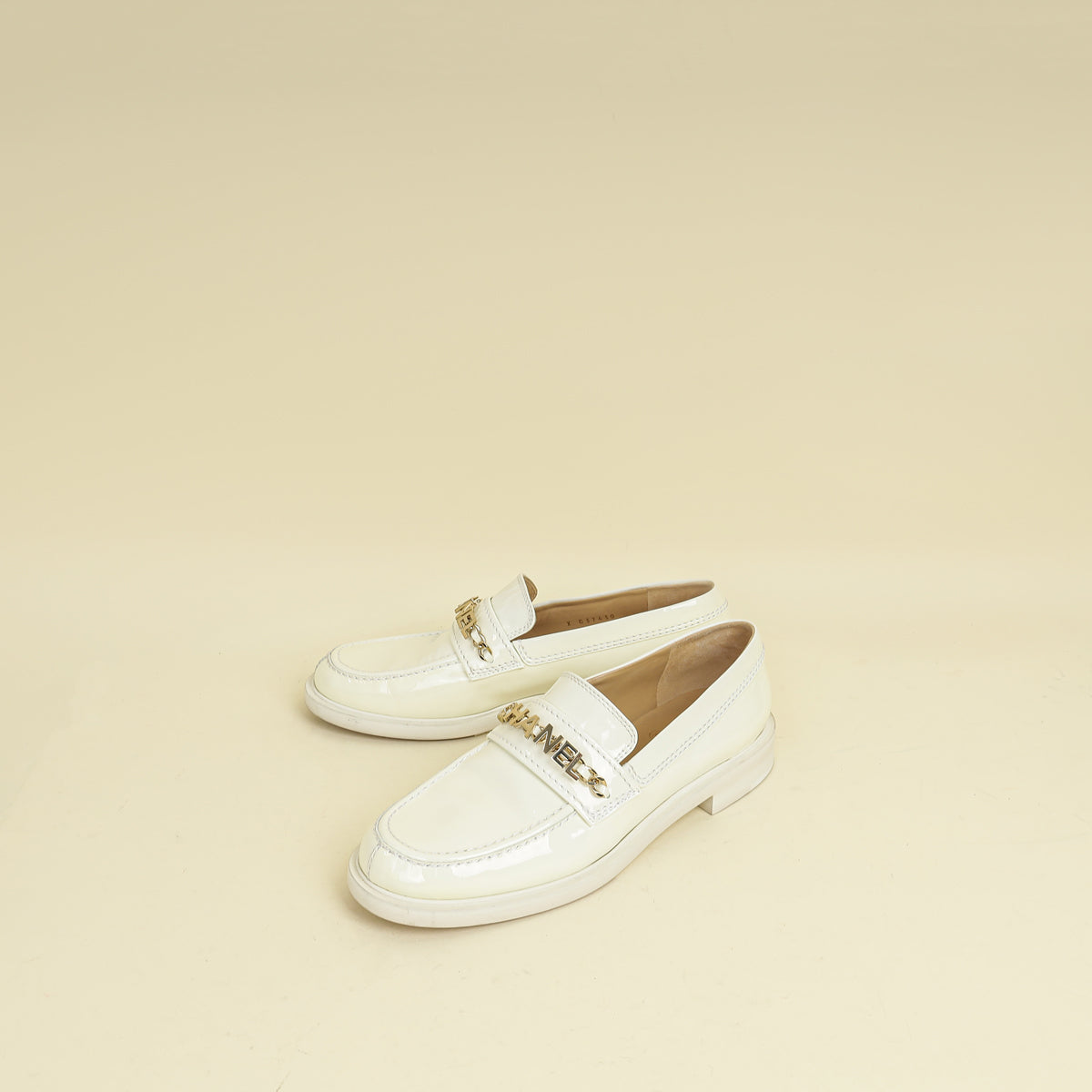 Chanel White Ivory Logo Patent Moccasins 39.5