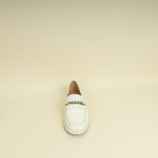 Chanel White Ivory Logo Patent Moccasins 39.5