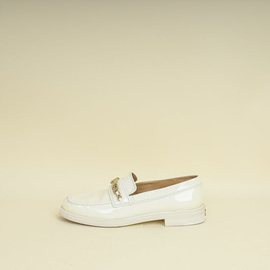 Chanel White Ivory Logo Patent Moccasins 39.5