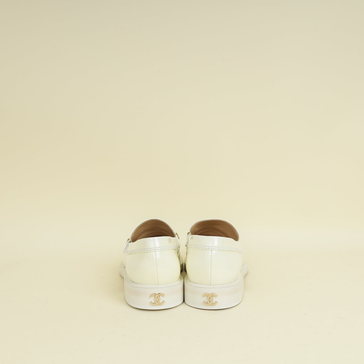 Chanel White Ivory Logo Patent Moccasins 39.5