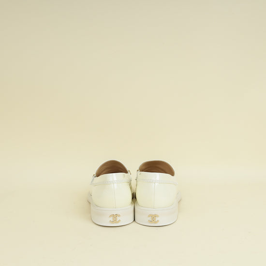 Chanel White Ivory Logo Patent Moccasins 39.5