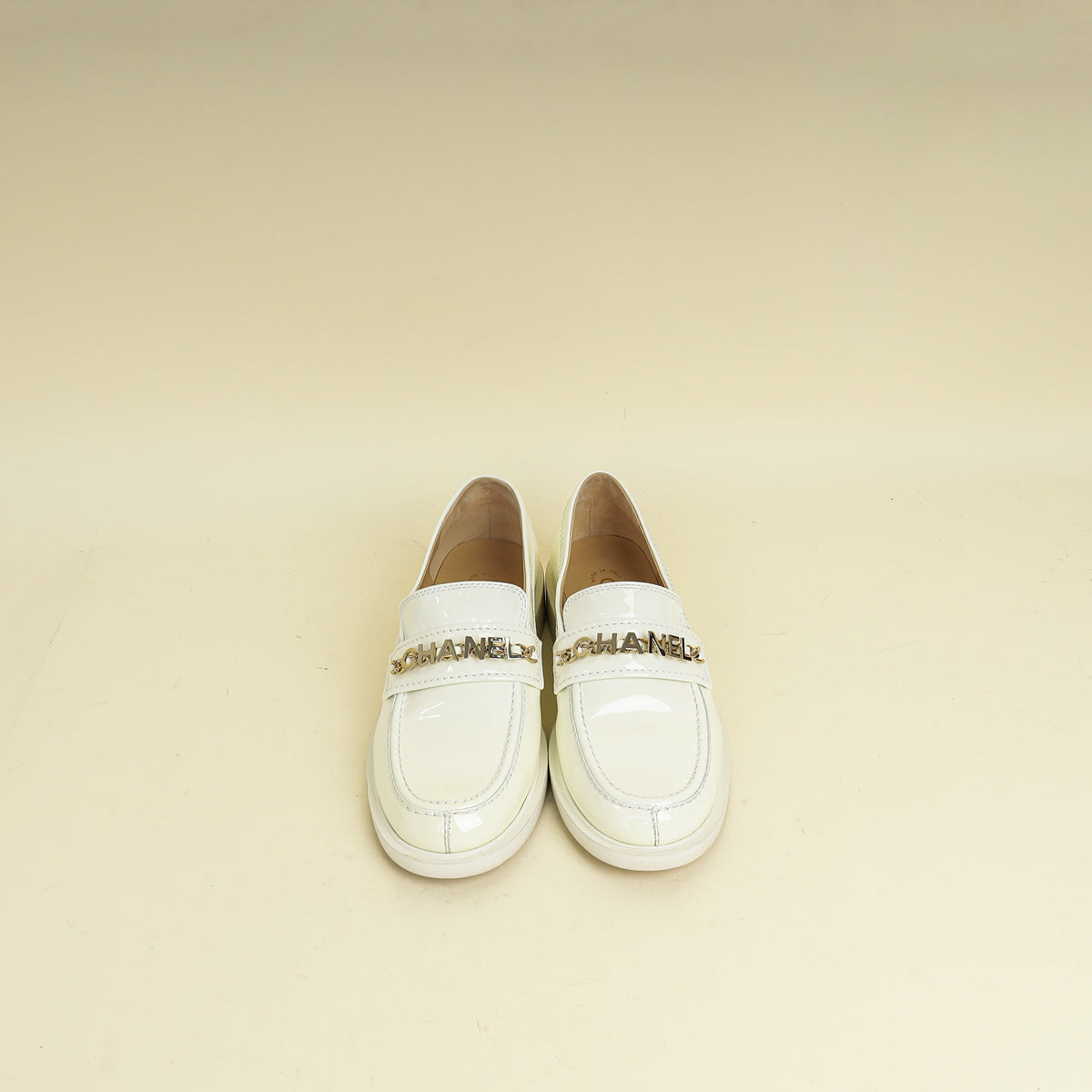 Chanel White Ivory Logo Patent Moccasins 39.5