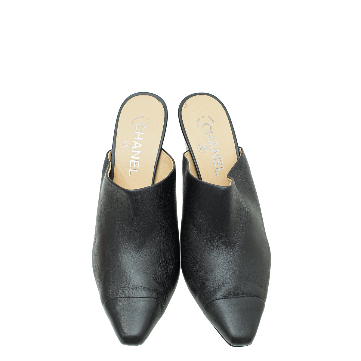 Chanel Black Pointed Cap Toe Mules 39.5 – The Closet
