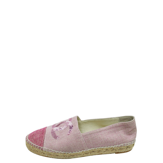 Chanel Pink CC Cap Toe Fabric and Sequins Espadrille 39