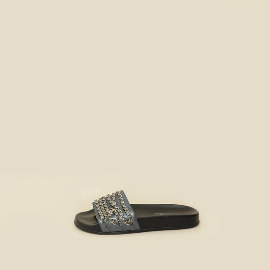 Chanel Metallic Blue Grey CC Charm Chain Slide Sandal 39-Chanel-THE CLOSET