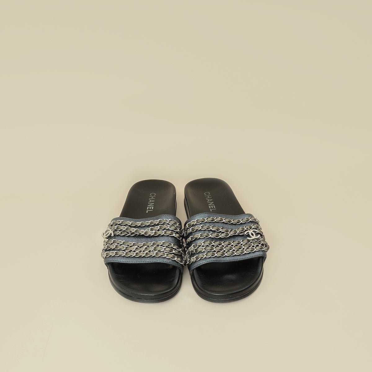 Chanel Metallic Blue Grey CC Charm Chain Slide Sandal 39-Chanel-THE CLOSET
