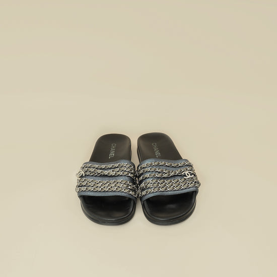 Chanel Metallic Blue Grey CC Charm Chain Slide Sandal 39-Chanel-THE CLOSET