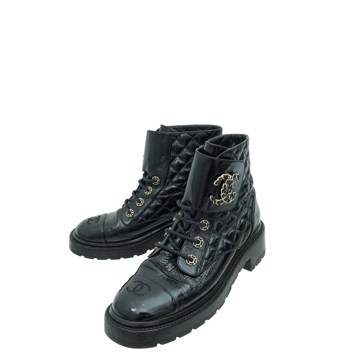 Chanel Black CC Shiny Quilted Lace Up Combat Boots 39