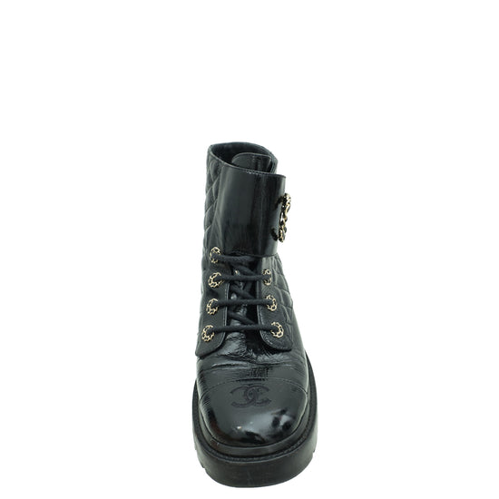 Chanel Black CC Shiny Quilted Lace Up Combat Boots 39