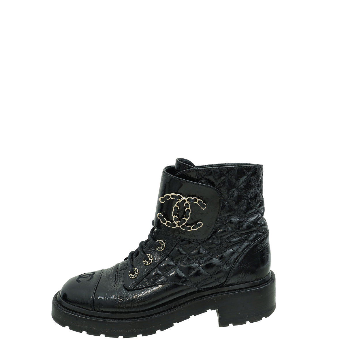 Chanel Black CC Shiny Quilted Lace Up Combat Boots 39