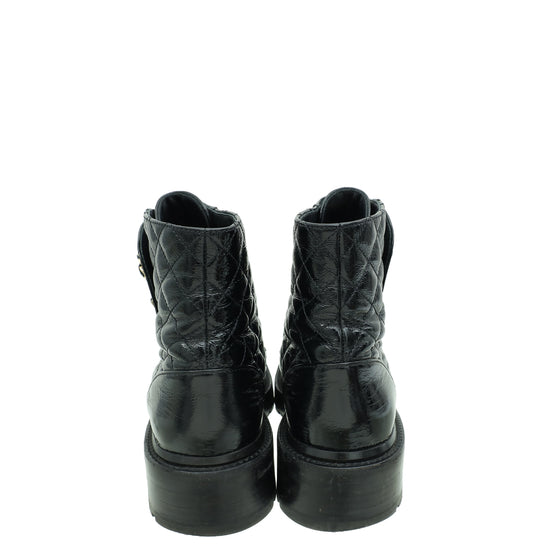 Chanel Black CC Shiny Quilted Lace Up Combat Boots 39