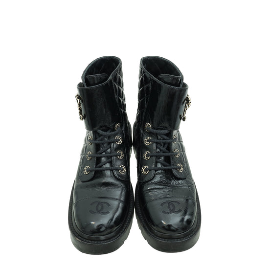 Chanel Black CC Shiny Quilted Lace Up Combat Boots 39