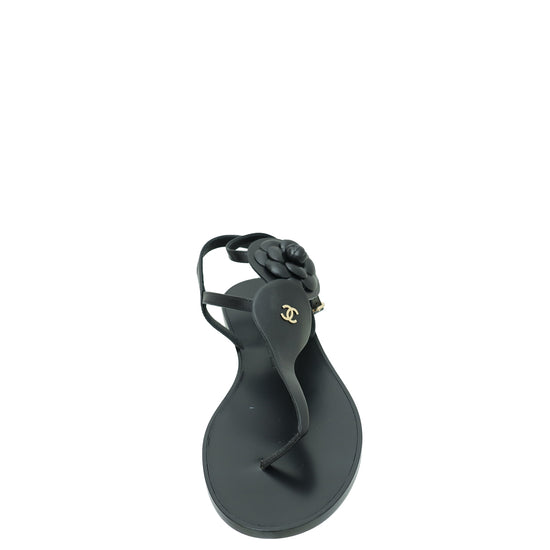 Chanel Black CC Camellia T- Ankle Strap Sandals 40.5