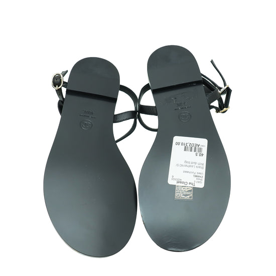 Chanel Black CC Camellia T- Ankle Strap Sandals 40.5