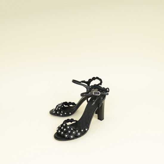 Chanel Black Camellia Flowers Pearl Embellished Slide Heel Sandal 40