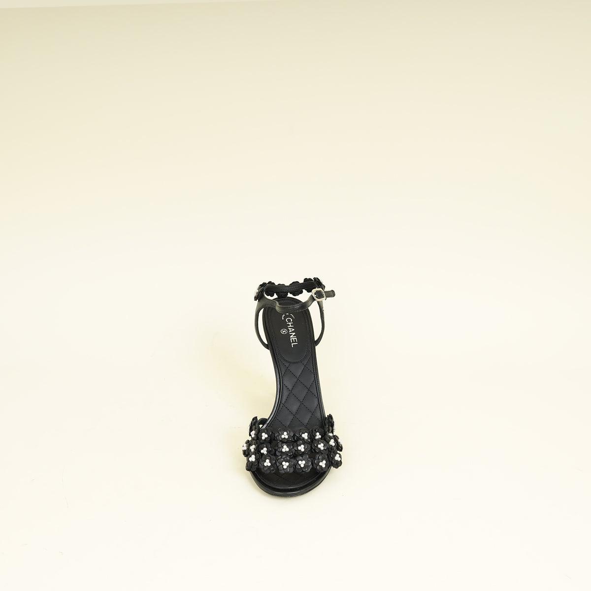 Chanel Black Camellia Flowers Pearl Embellished Slide Heel Sandal 40