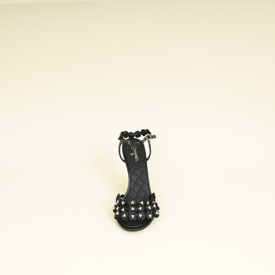 Chanel Black Camellia Flowers Pearl Embellished Slide Heel Sandal 40