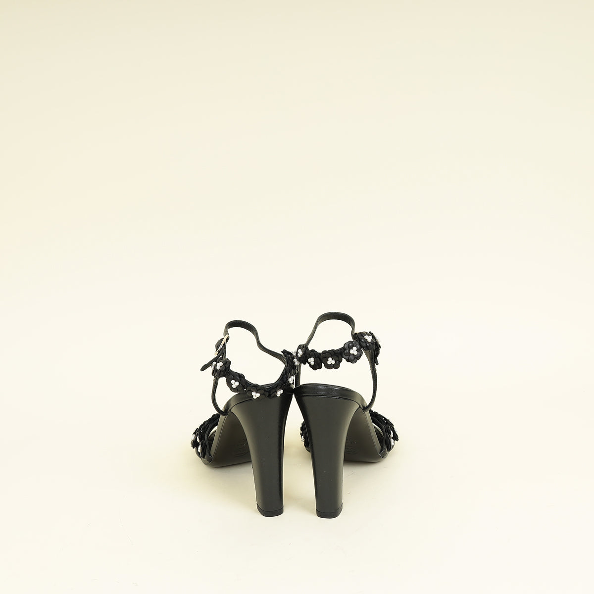 Chanel Black Camellia Flowers Pearl Embellished Slide Heel Sandal 40