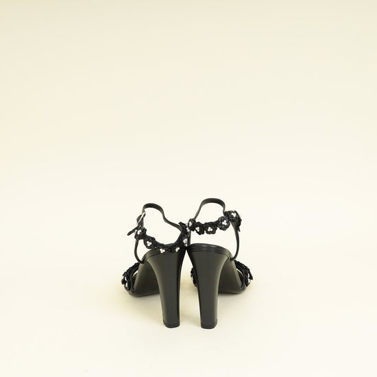 Chanel Black Camellia Flowers Pearl Embellished Slide Heel Sandal 40