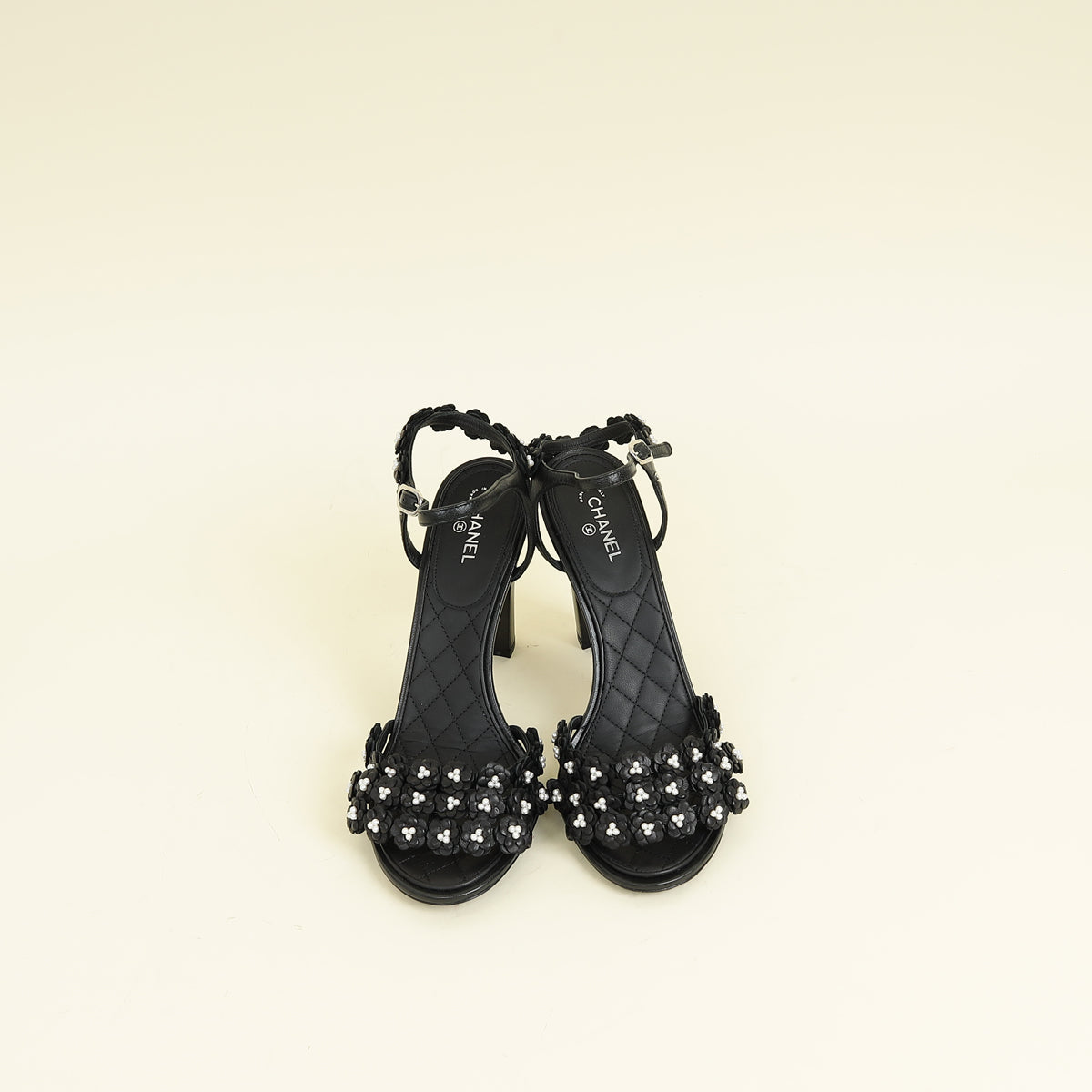 Chanel Black Camellia Flowers Pearl Embellished Slide Heel Sandal 40