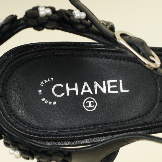 Chanel Black Camellia Flowers Pearl Embellished Slide Heel Sandal 40