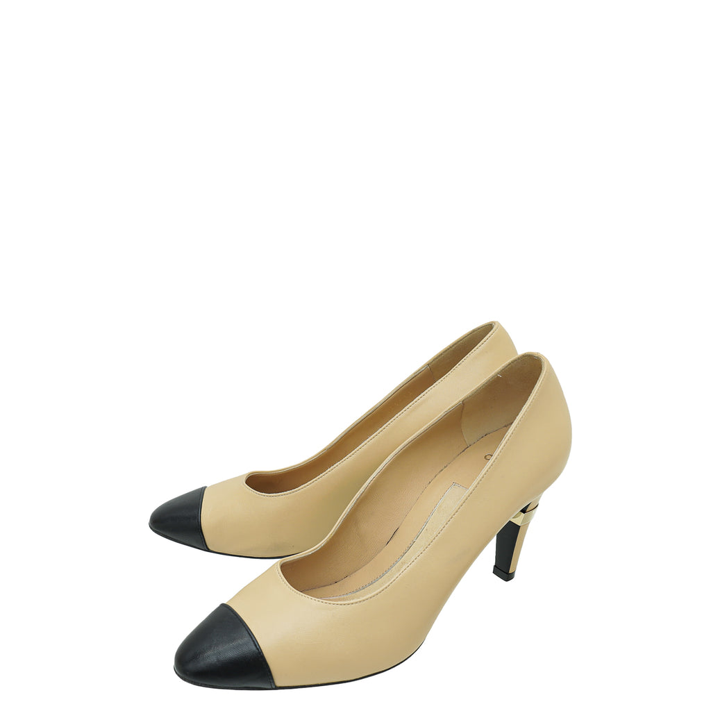 New Chanel Nude Beige Gold Leather Cap Toe Laced Pump Heels Pumps