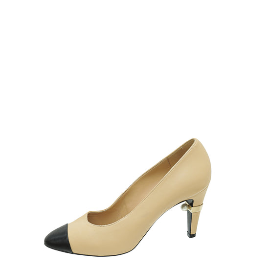 Chanel Leather Cap Toe CC Signature Metal and Pearl on Heel Pumps – The  Closet