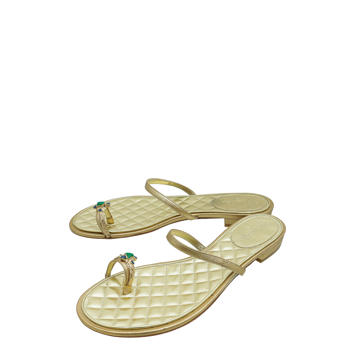 Chanel Gold Mettalic Jeweled Toe Ring Ankle Strap 40-Chanel-THE CLOSET