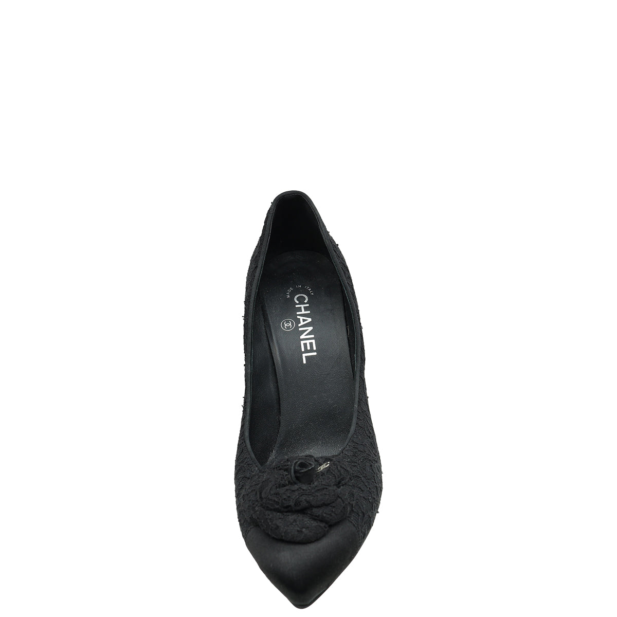 Chanel Black CC Cap Toe Camellia Flower Pointed Lace Pump 41-Chanel-THE CLOSET