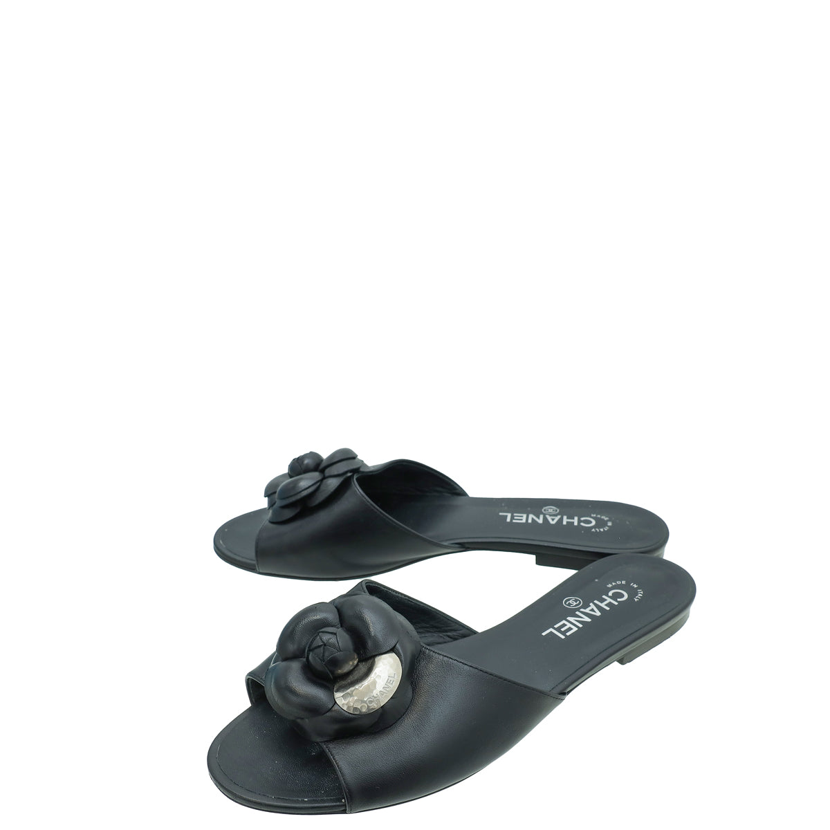 Chanel Black CC Camellia Flower Slide Flat Sandal 41