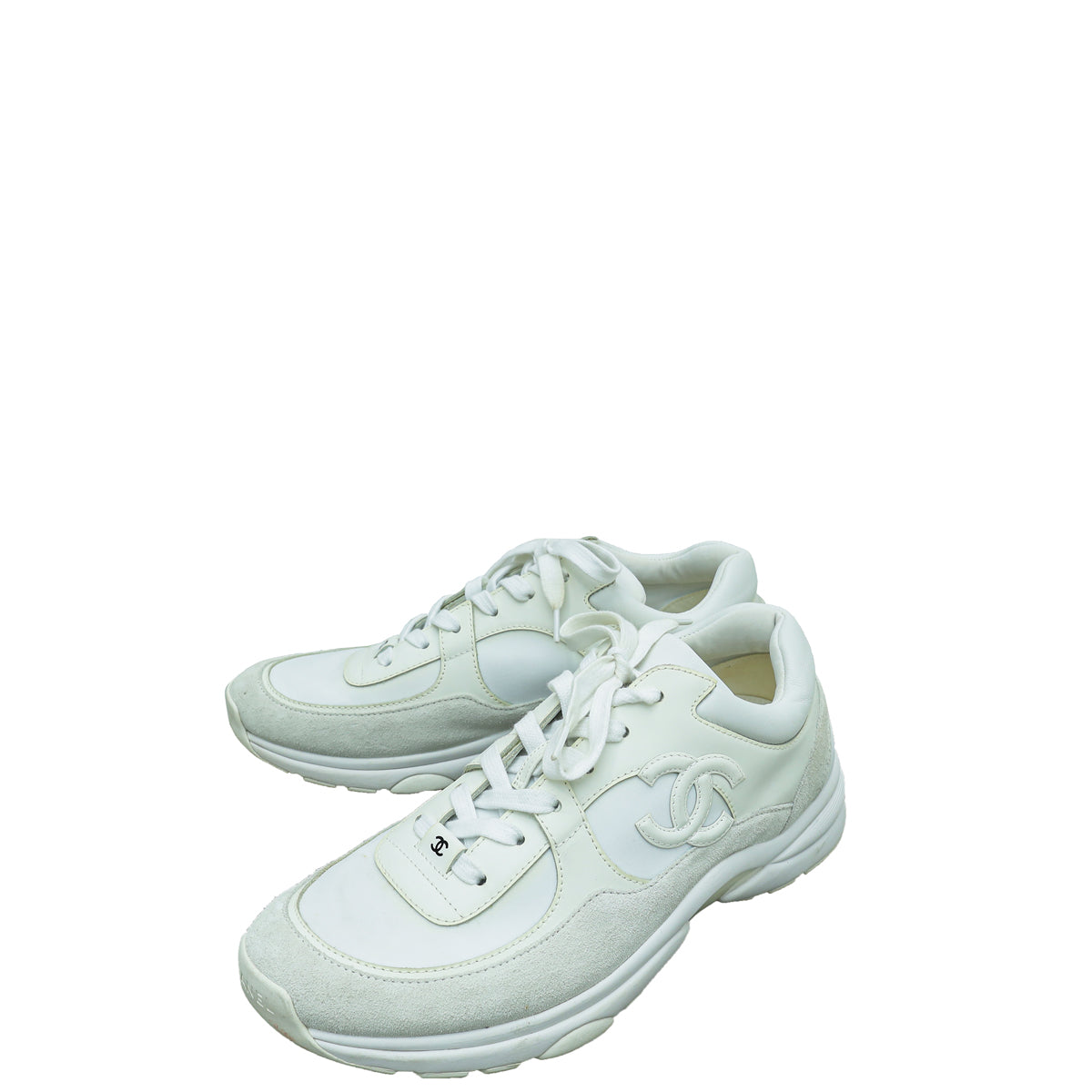 Chanel White CC Suede and Nylon Lace Up Sneakers 42-Chanel-THE CLOSET