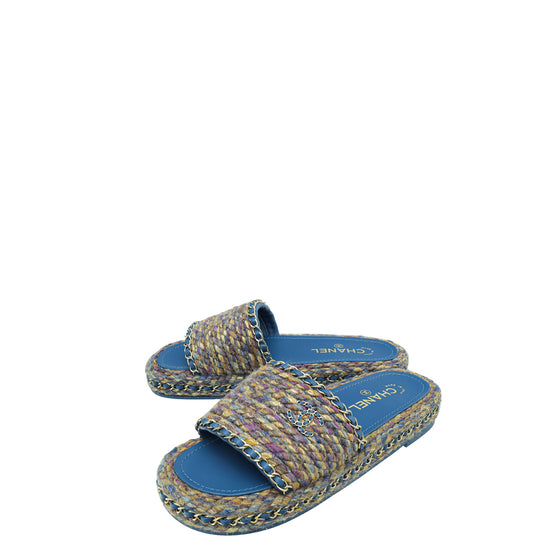 Chanel Denim Raffia Wedge Sandals Light Blue Size 37 Platform Slides